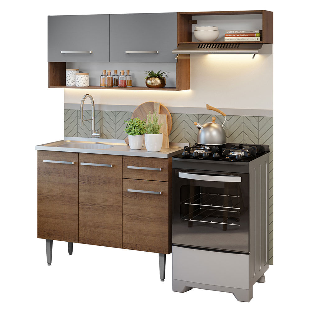 Armário de Cozinha Compacta 165cm com Pia Rustic/Cinza Emilly Madesa 09 - Rustic/Cinza