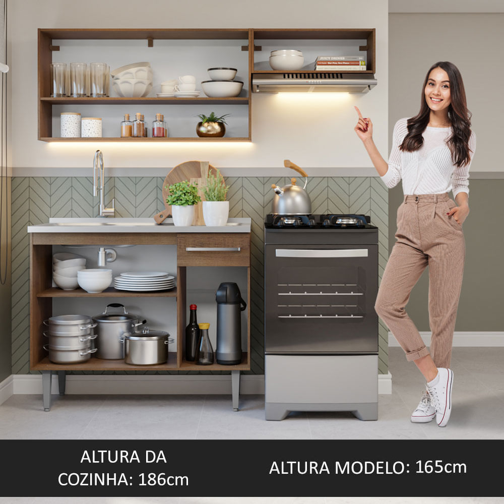 Armário de Cozinha Compacta 165cm com Pia Rustic/Cinza Emilly Madesa 09