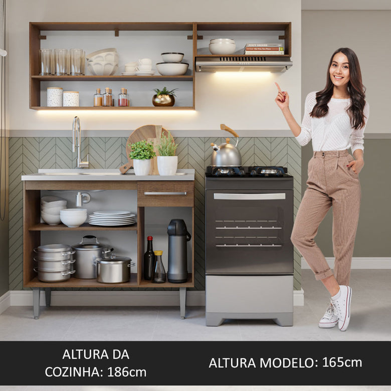Armário de Cozinha Compacta 165cm com Pia Rustic/Cinza Emilly Madesa 09