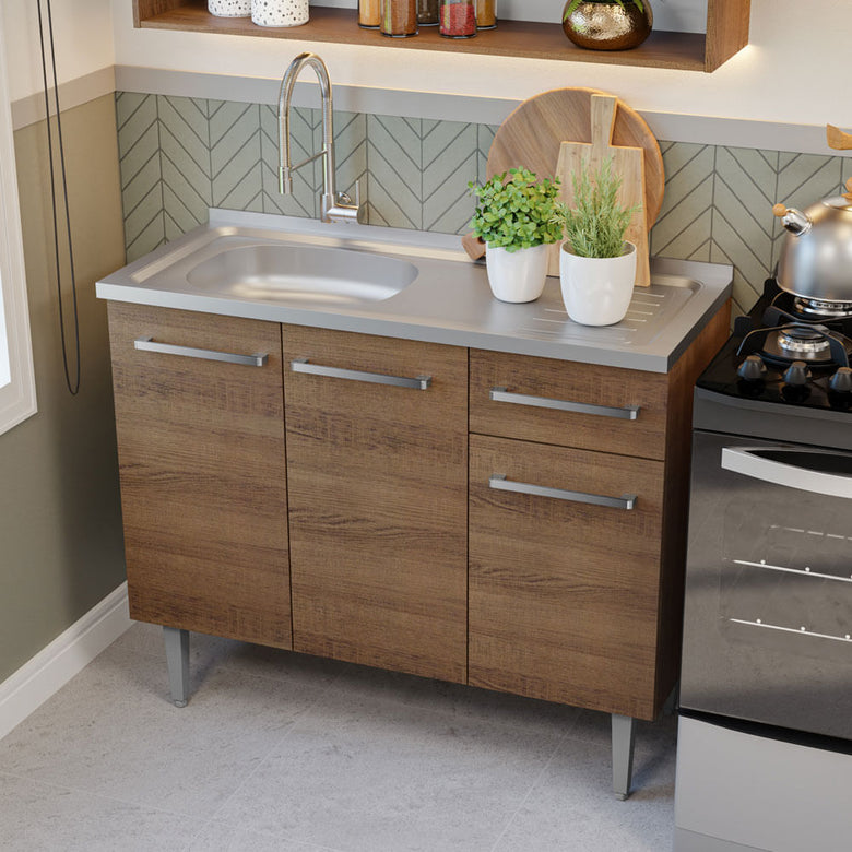 Armário de Cozinha Compacta 165cm com Pia Rustic/Cinza Emilly Madesa 09