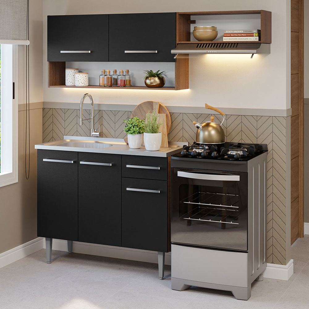 Armário de Cozinha Compacta 165cm com Pia Rustic/Preto Emilly Madesa 09 - Rustic/Preto