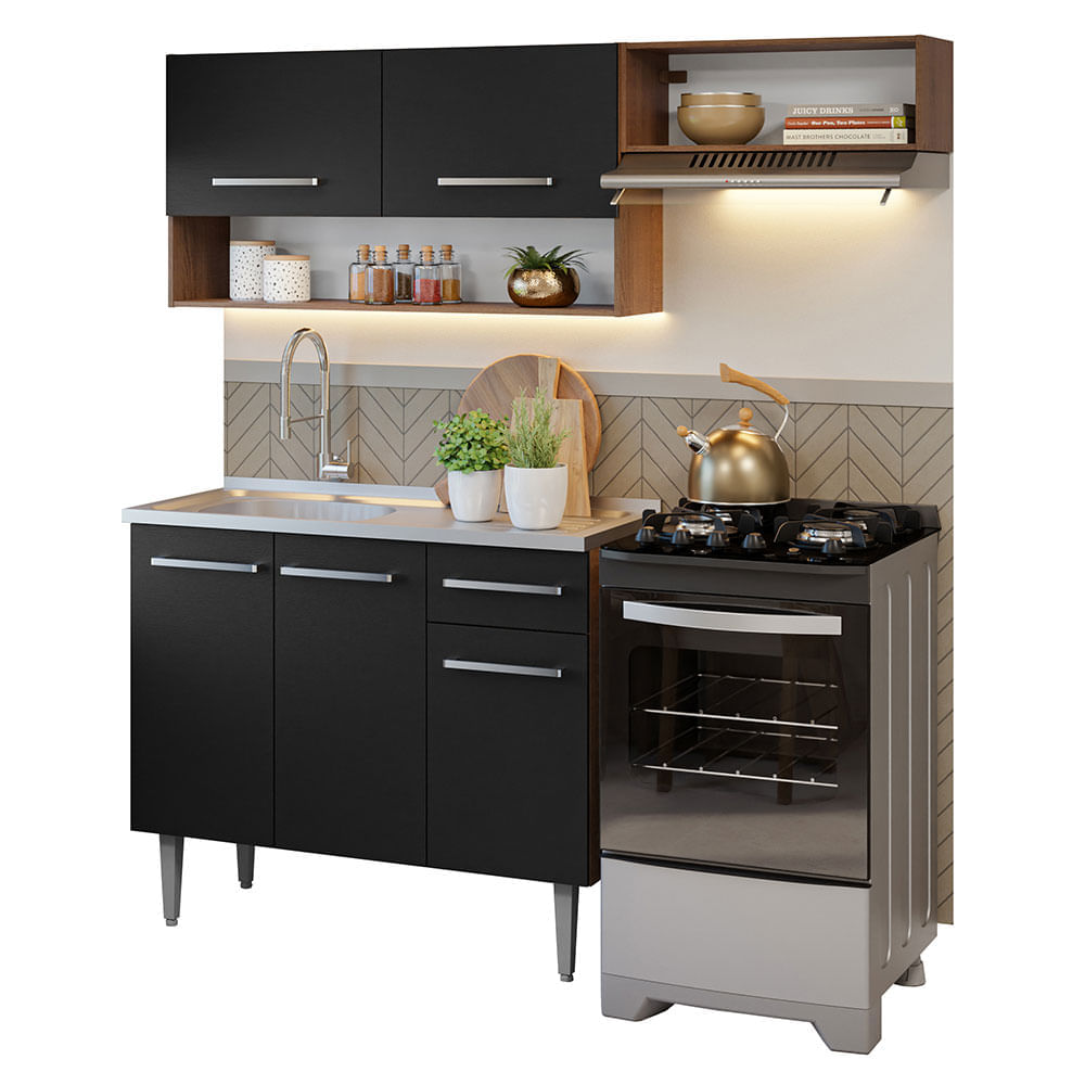 Armário de Cozinha Compacta 165cm com Pia Rustic/Preto Emilly Madesa 09 - Rustic/Preto