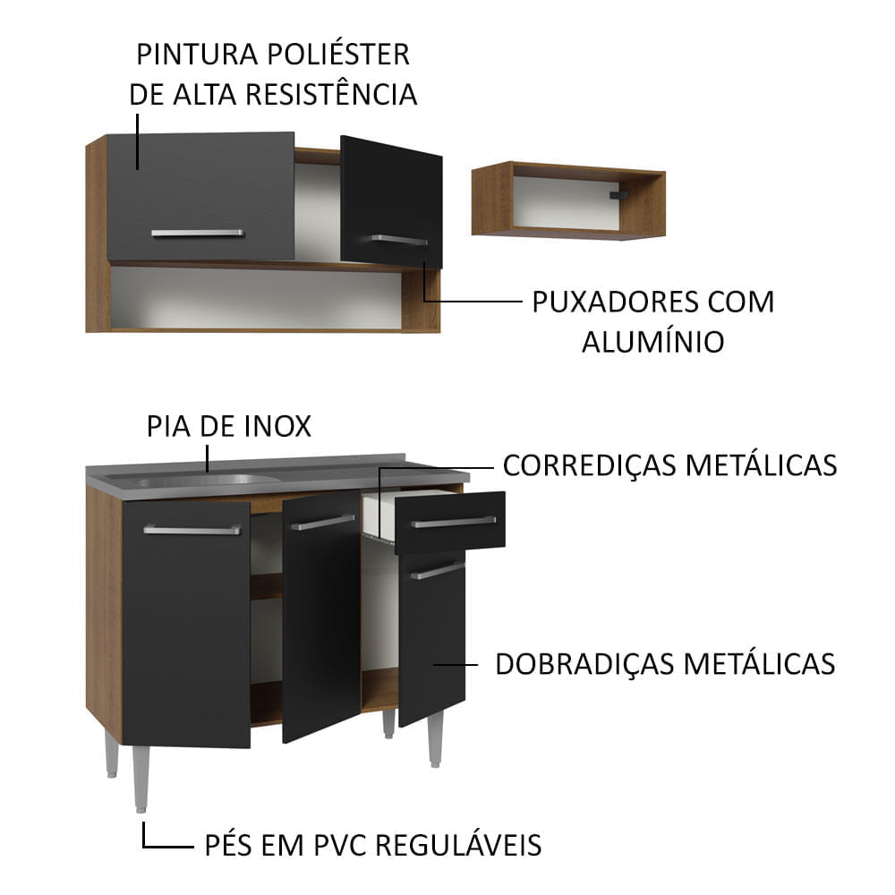 Armário de Cozinha Compacta 165cm com Pia Rustic/Preto Emilly Madesa 09