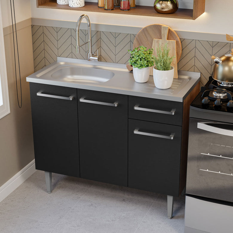 Armário de Cozinha Compacta 165cm com Pia Rustic/Preto Emilly Madesa 09