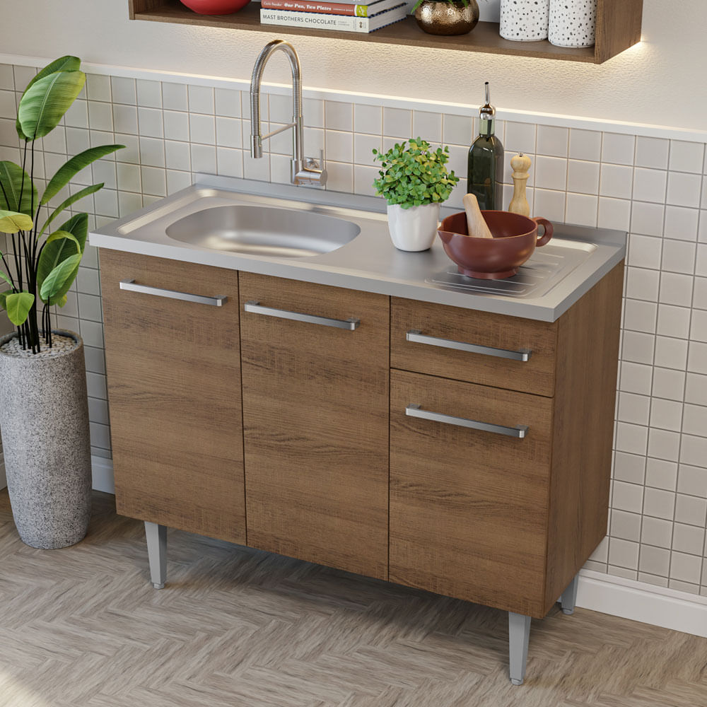 Armário de Cozinha Compacta 105cm com Pia Rustic Emilly Madesa 04