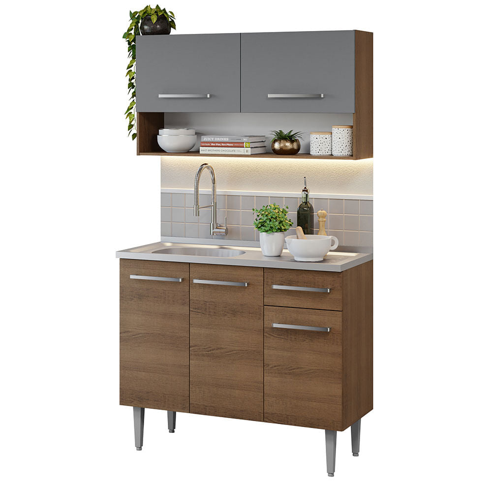 Armário de Cozinha Compacta 105cm com Pia Rustic/Cinza Emilly Madesa 04 - Rustic/Cinza