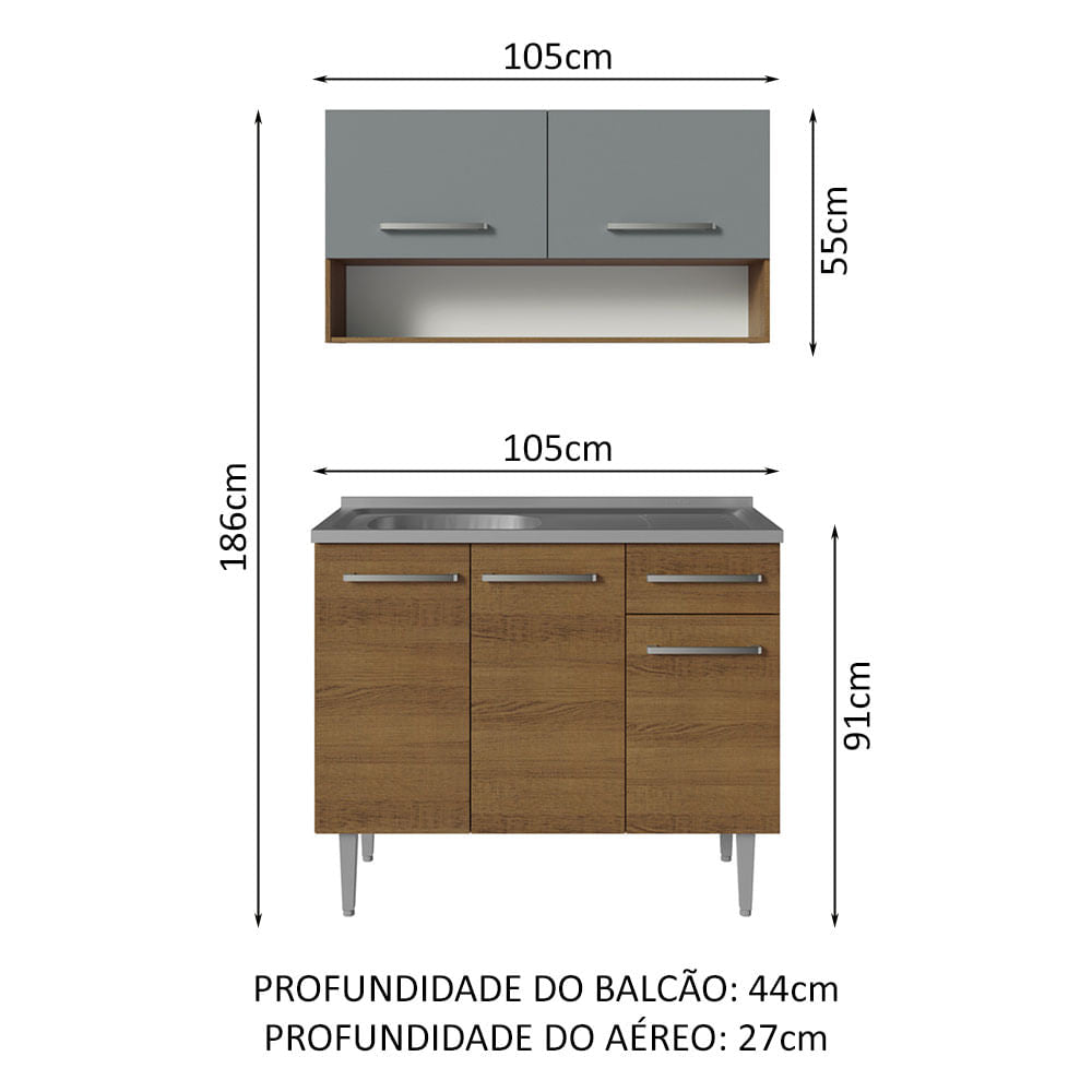 Armário de Cozinha Compacta 105cm com Pia Rustic/Cinza Emilly Madesa 04