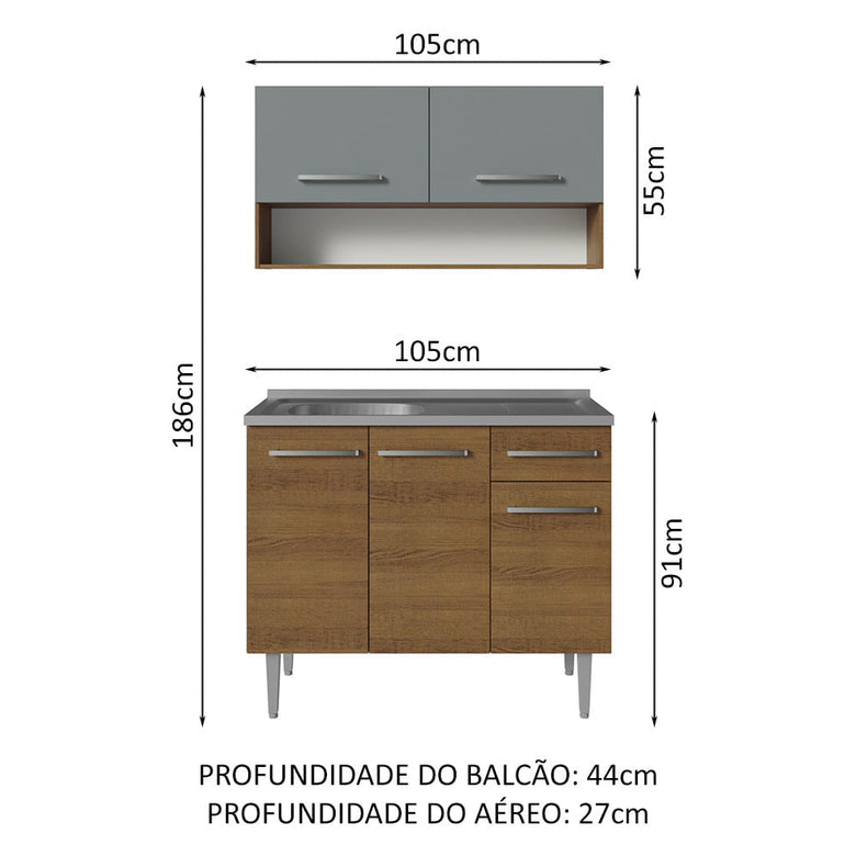 Armário de Cozinha Compacta 105cm com Pia Rustic/Cinza Emilly Madesa 04