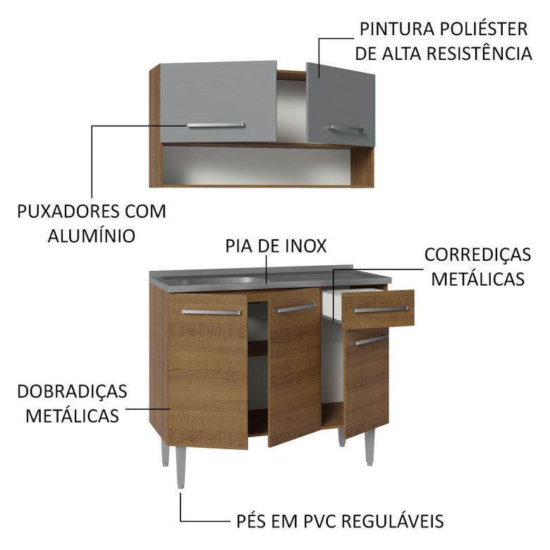Armário de Cozinha Compacta 105cm com Pia Rustic/Cinza Emilly Madesa 04