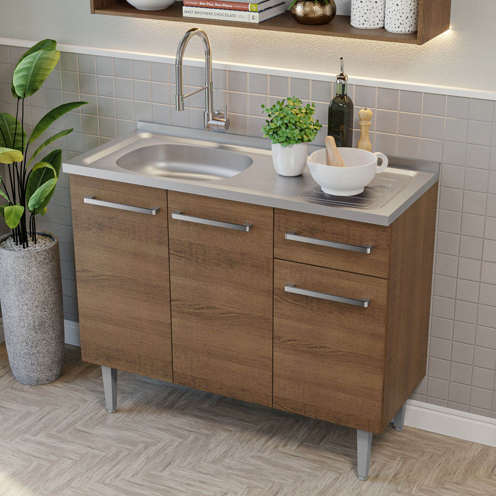 Armário de Cozinha Compacta 105cm com Pia Rustic/Cinza Emilly Madesa 04