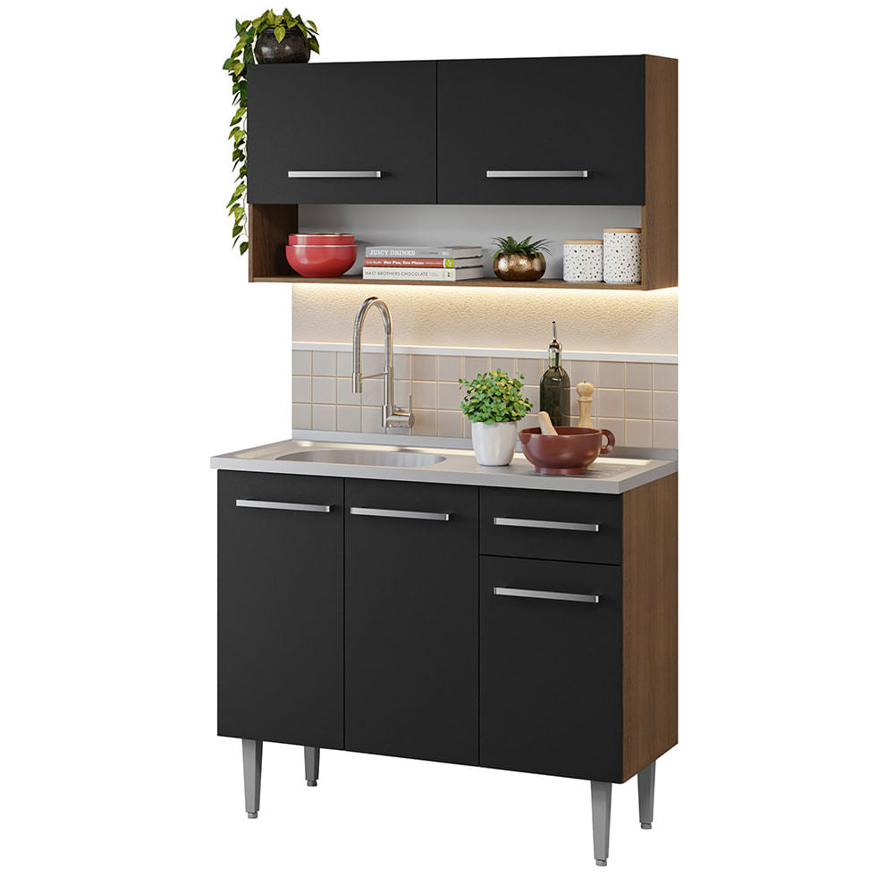 Armário de Cozinha Compacta 105cm com Pia Rustic/Preto Emilly Madesa 04 - Rustic/Preto