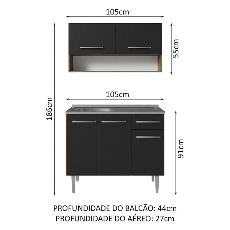 Armário de Cozinha Compacta 105cm com Pia Rustic/Preto Emilly Madesa 04