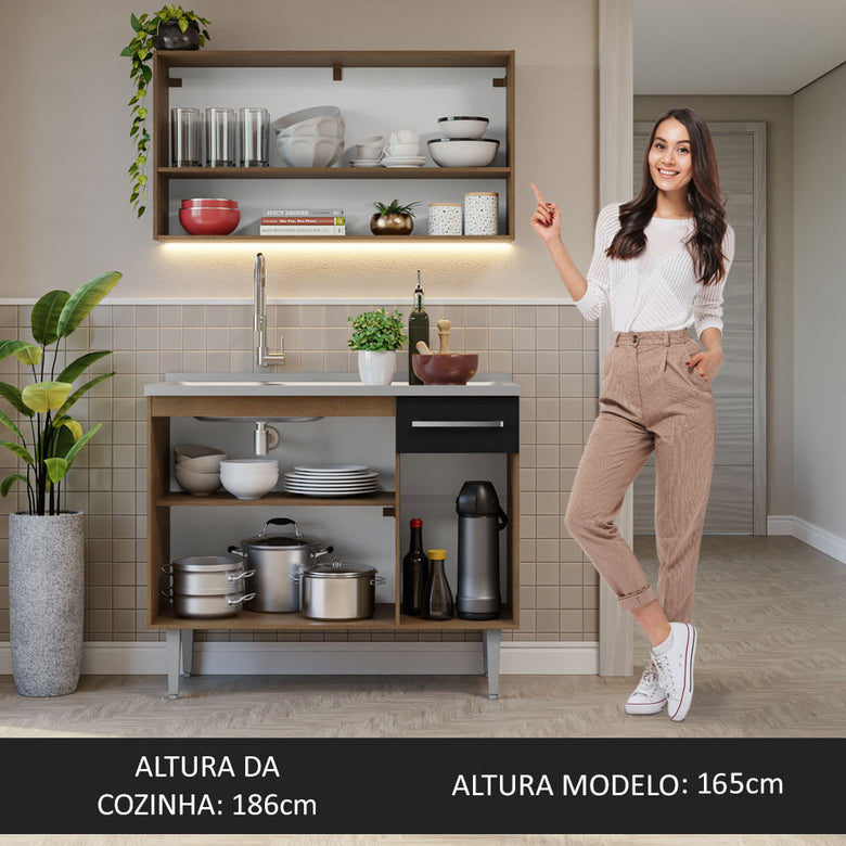 Armário de Cozinha Compacta 105cm com Pia Rustic/Preto Emilly Madesa 04