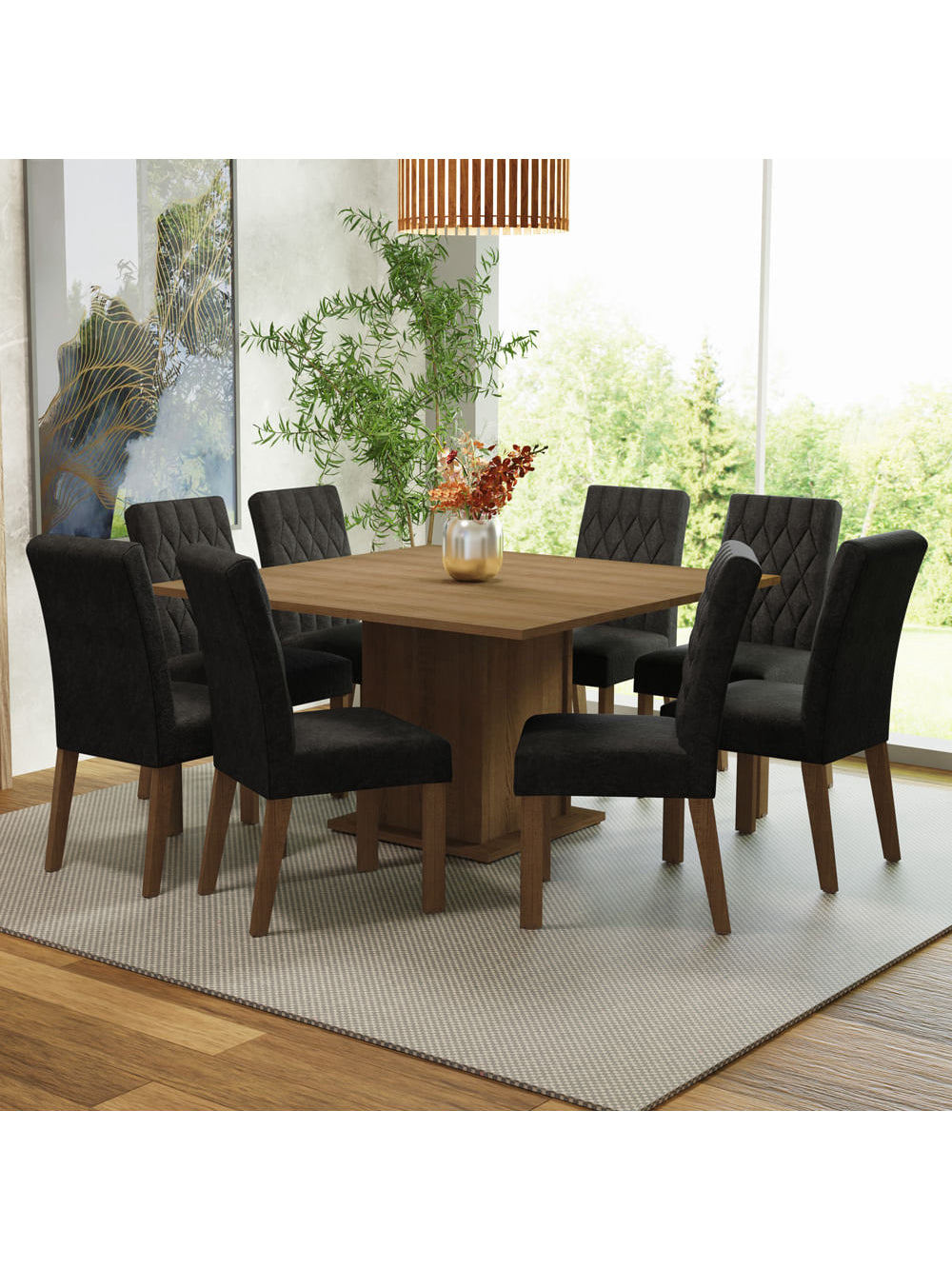 Conjunto Sala de Jantar Mesa Tampo de Madeira 8 Cadeiras Rustic/Oxford