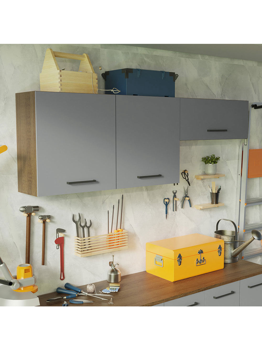 Kit com 2 Armários Aéreos Multiuso 3 Portas Rustic/Cinza Agata Madesa - Rustic/Cinza