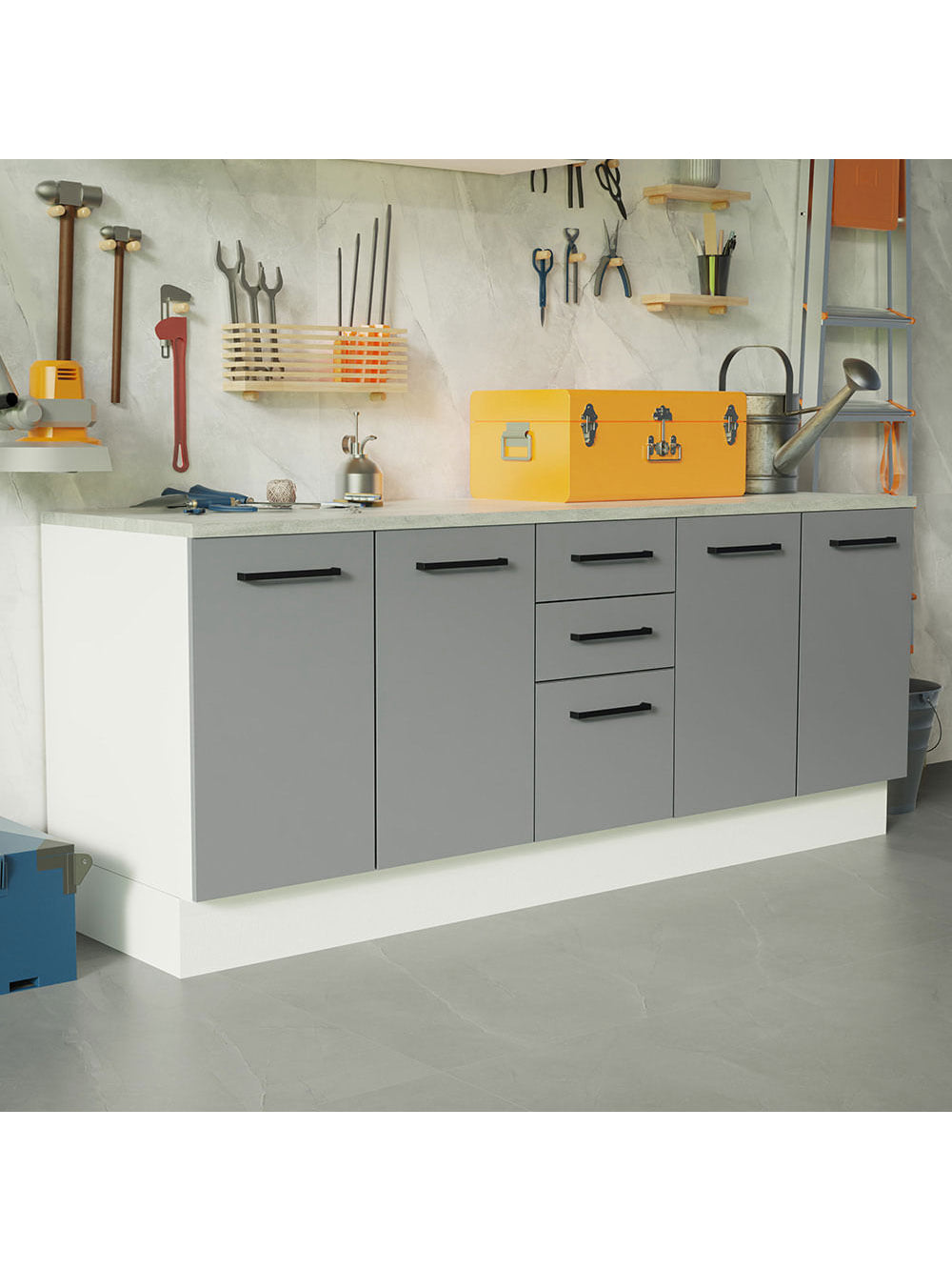 Kit com 2 Balcões Multiuso 4 Portas 3 Gavetas Branco/Cinza Agata Madesa - Branco/Cinza