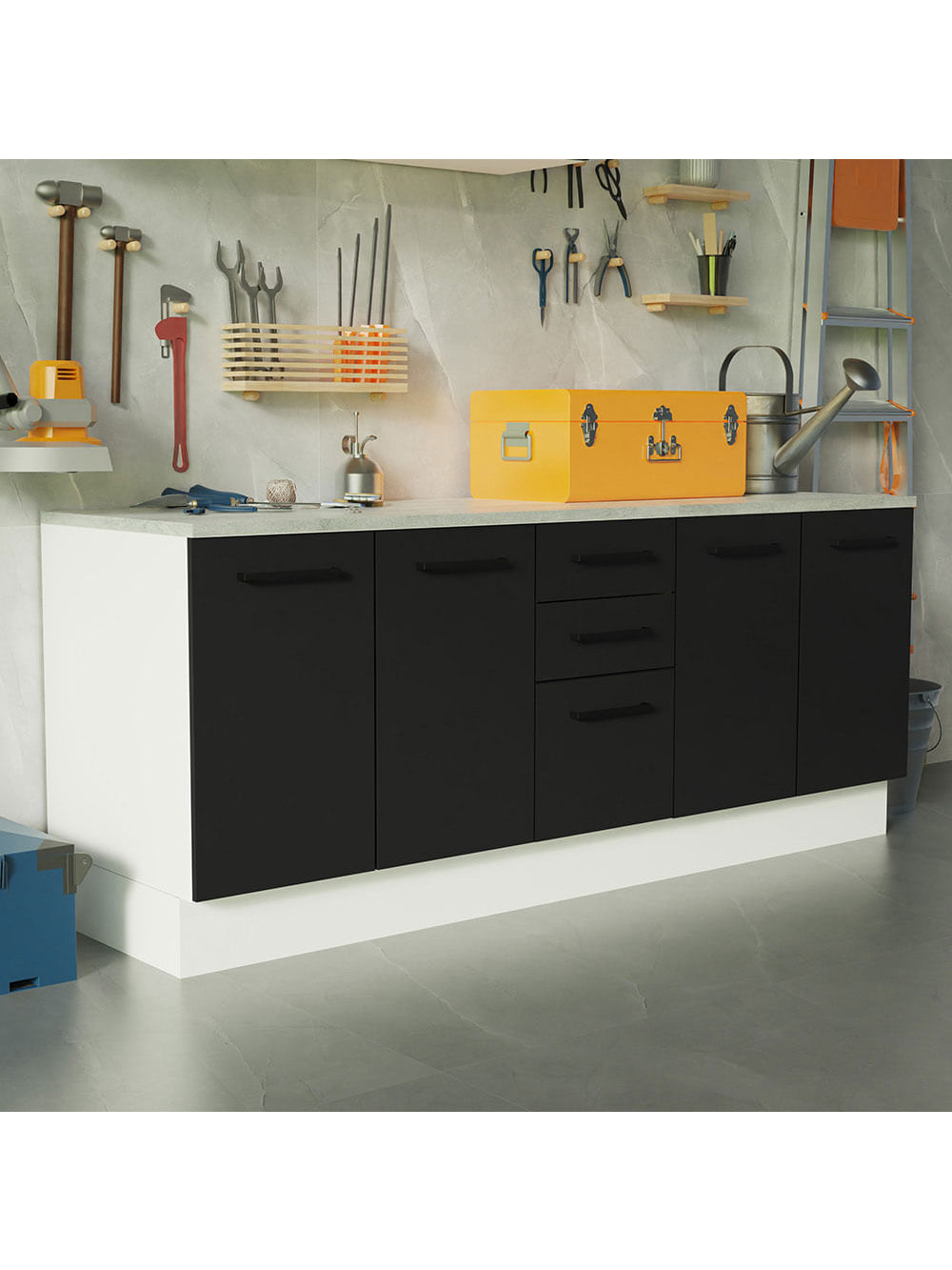 Kit com 2 Balcões Multiuso 4 Portas 3 Gavetas Branco/Preto Agata Madesa - Branco/Preto