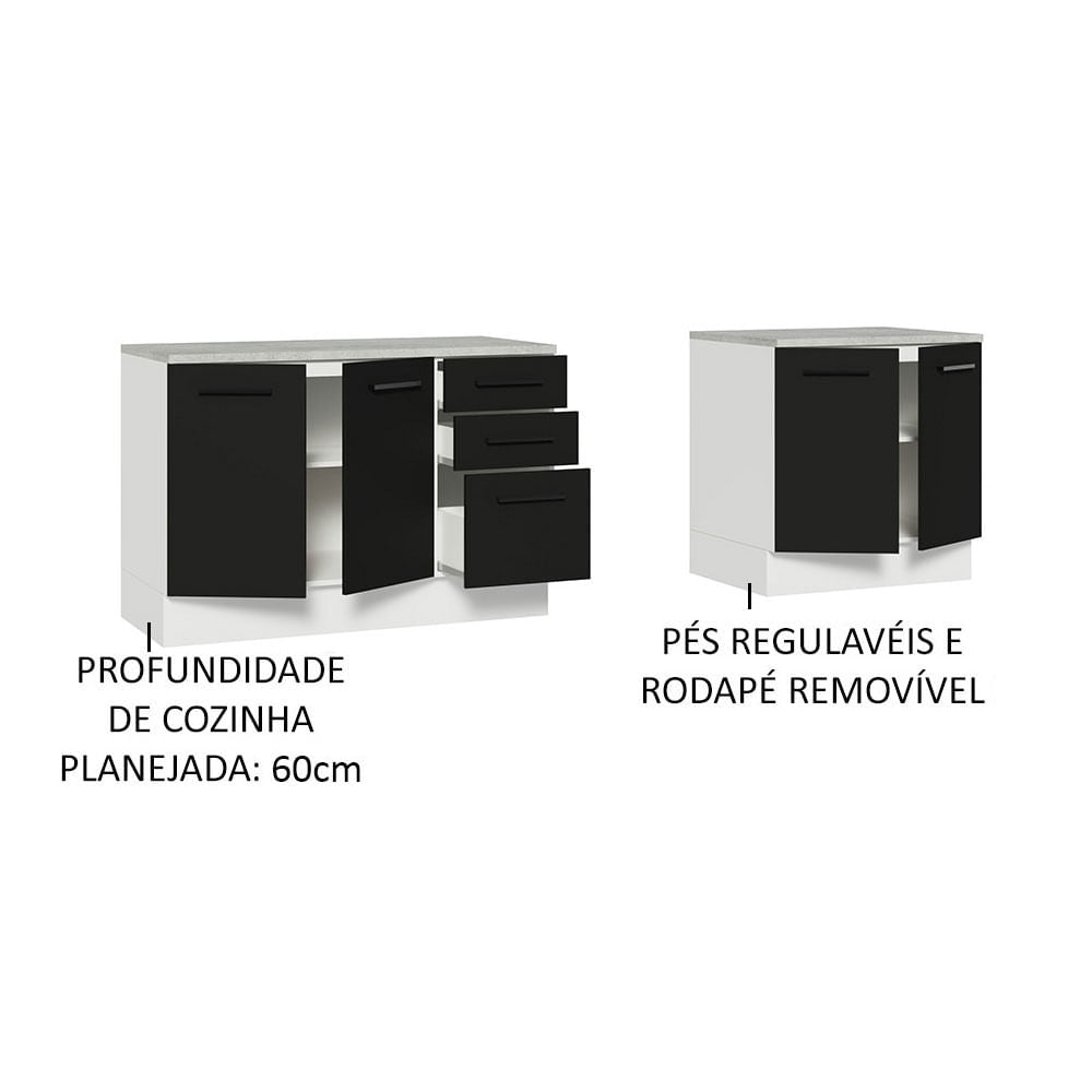 Kit com 2 Balcões Multiuso 4 Portas 3 Gavetas Branco/Preto Agata Madesa