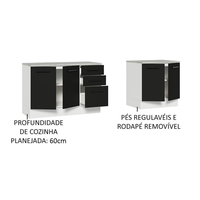 Kit com 2 Balcões Multiuso 4 Portas 3 Gavetas Branco/Preto Agata Madesa