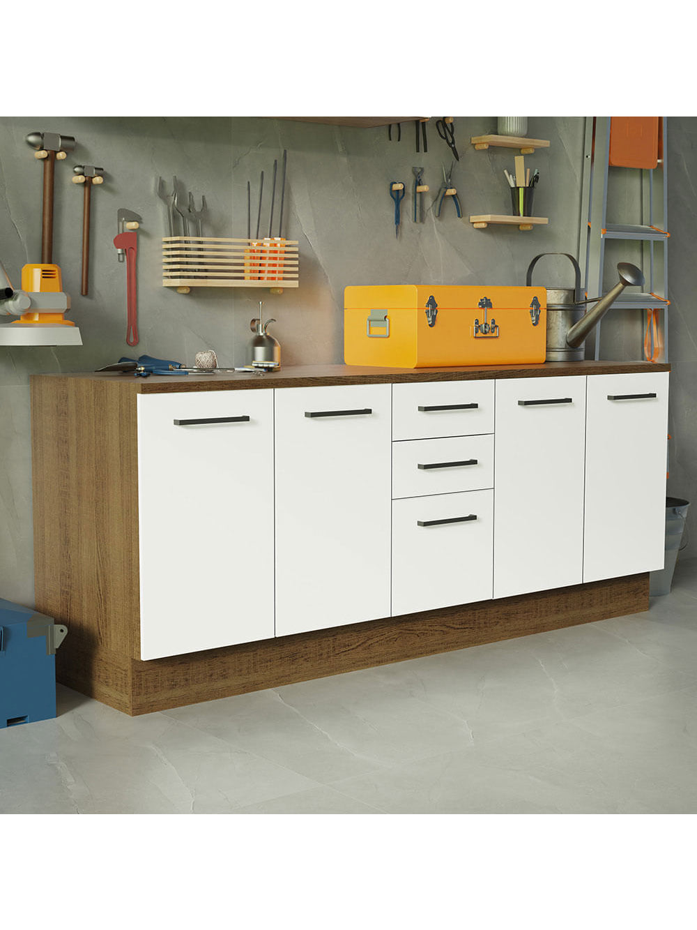 Kit com 2 Balcões Multiuso 4 Portas 3 Gavetas Rustic/Branco Agata Madesa - Rustic/Branco