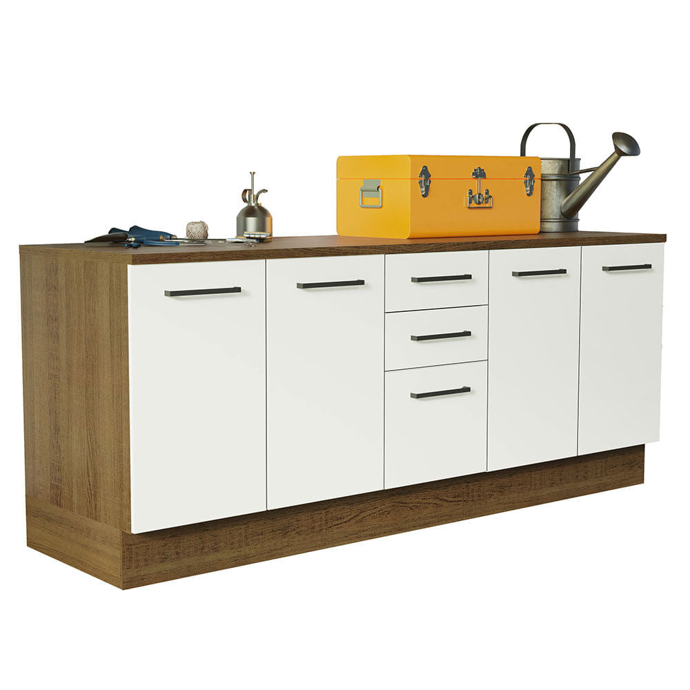 Kit com 2 Balcões Multiuso 4 Portas 3 Gavetas Rustic/Branco Agata Madesa - Rustic/Branco