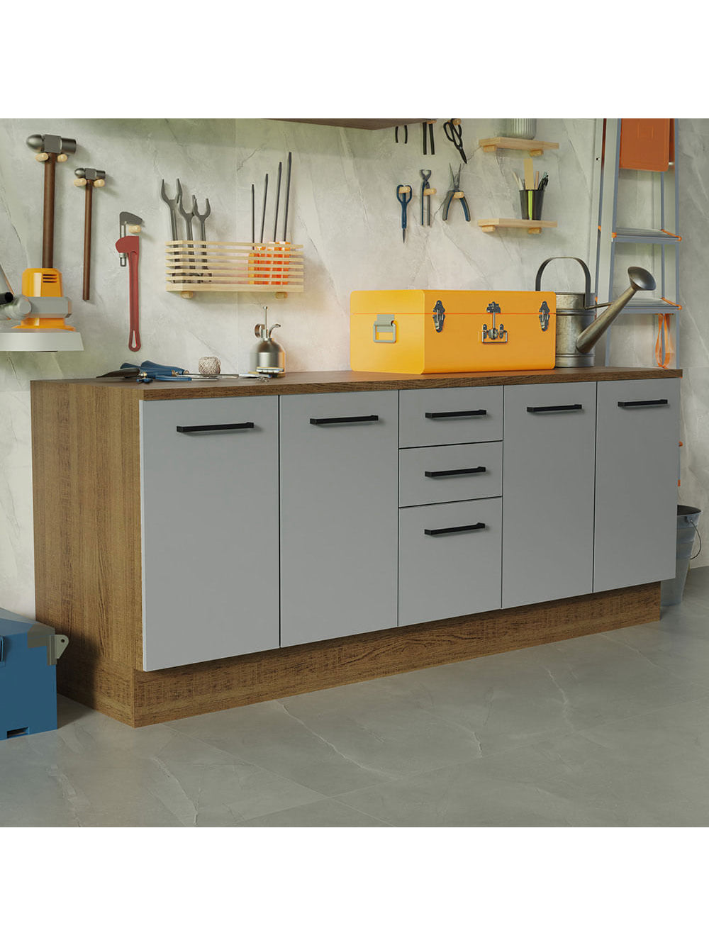 Kit com 2 Balcões Multiuso 4 Portas 3 Gavetas Rustic/Cinza Agata Madesa - Rustic/Cinza