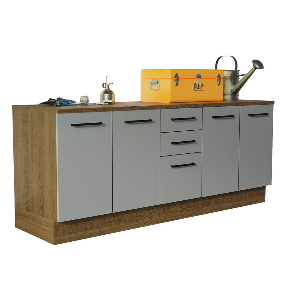 Kit com 2 Balcões Multiuso 4 Portas 3 Gavetas Rustic/Cinza Agata Madesa - Rustic/Cinza