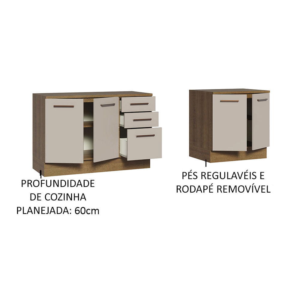 Kit com 2 Balcões Multiuso 4 Portas 3 Gavetas Rustic/Crema Agata Madesa