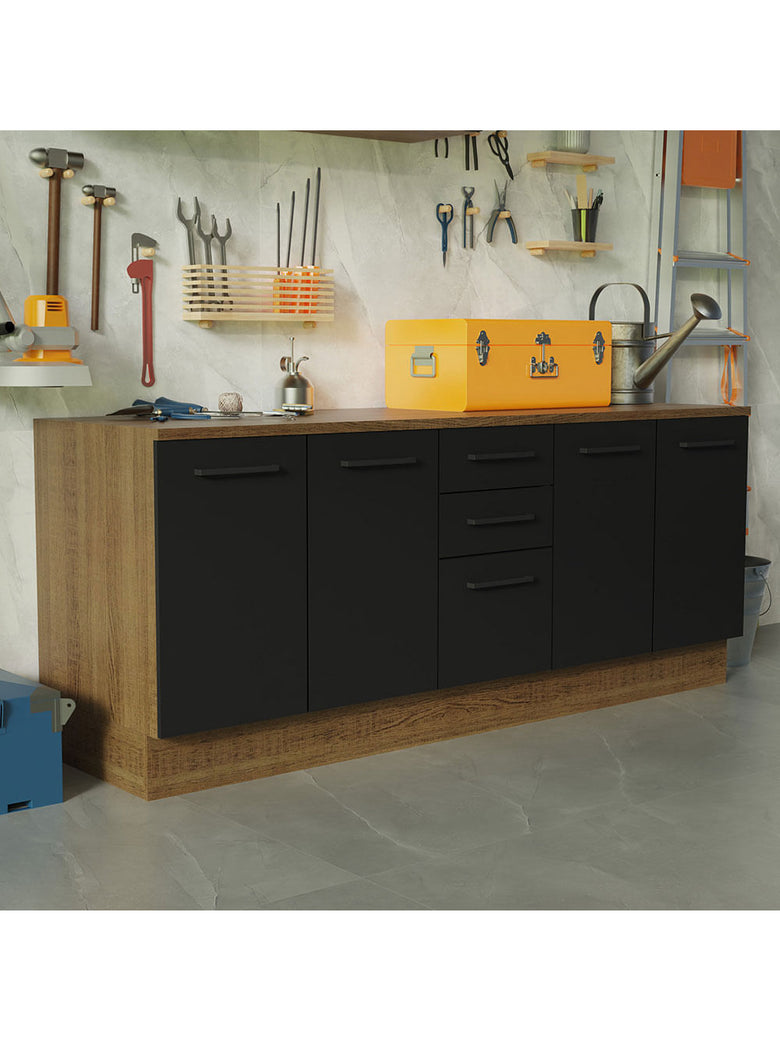 Kit com 2 Balcões Multiuso 4 Portas 3 Gavetas Rustic/Preto Agata Madesa