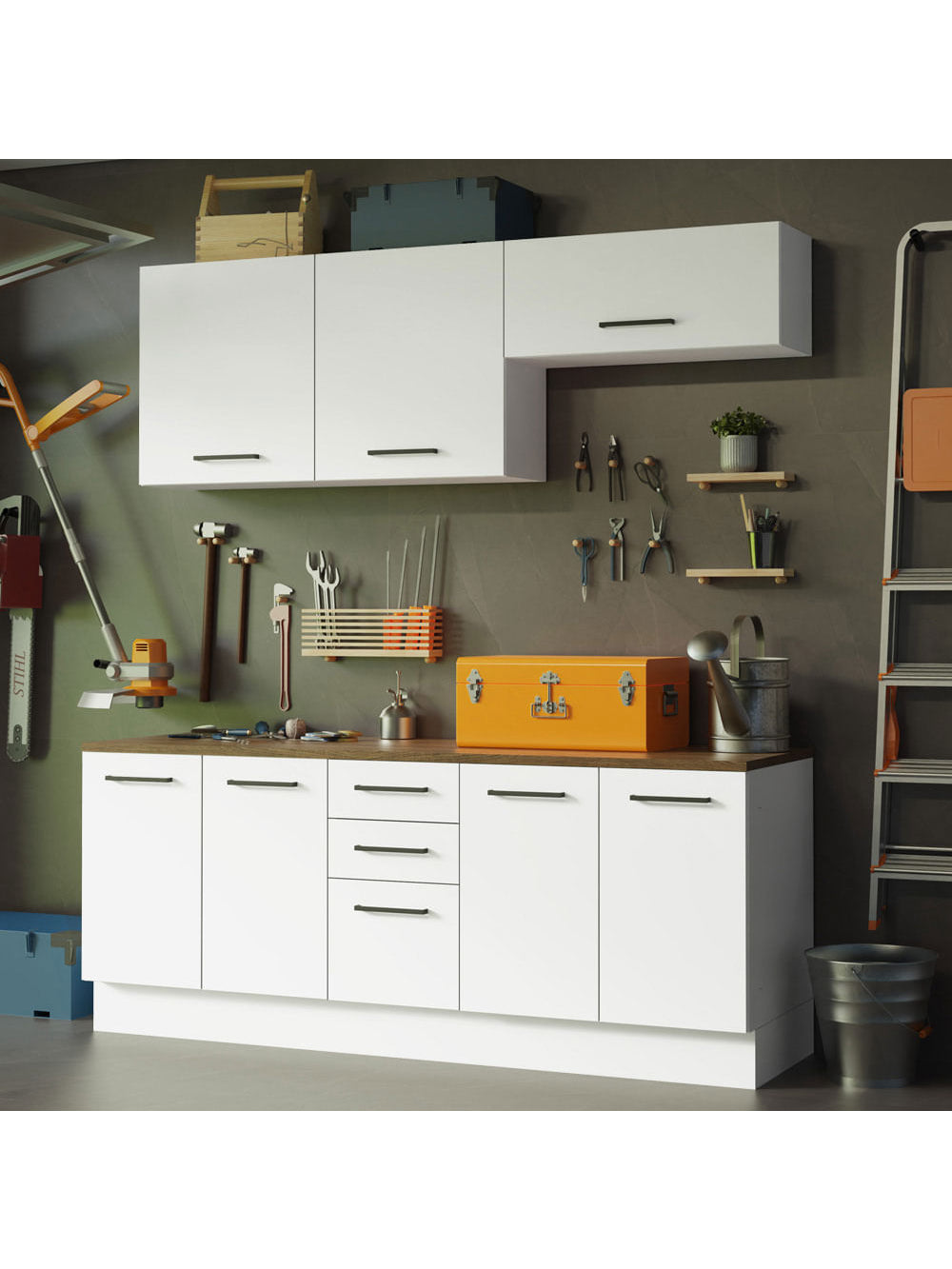 Kit com 2 Balcões e 2 Armários Aéreos Multiuso 200cm Branco/Rustic Agata Madesa - Branco/Rustic