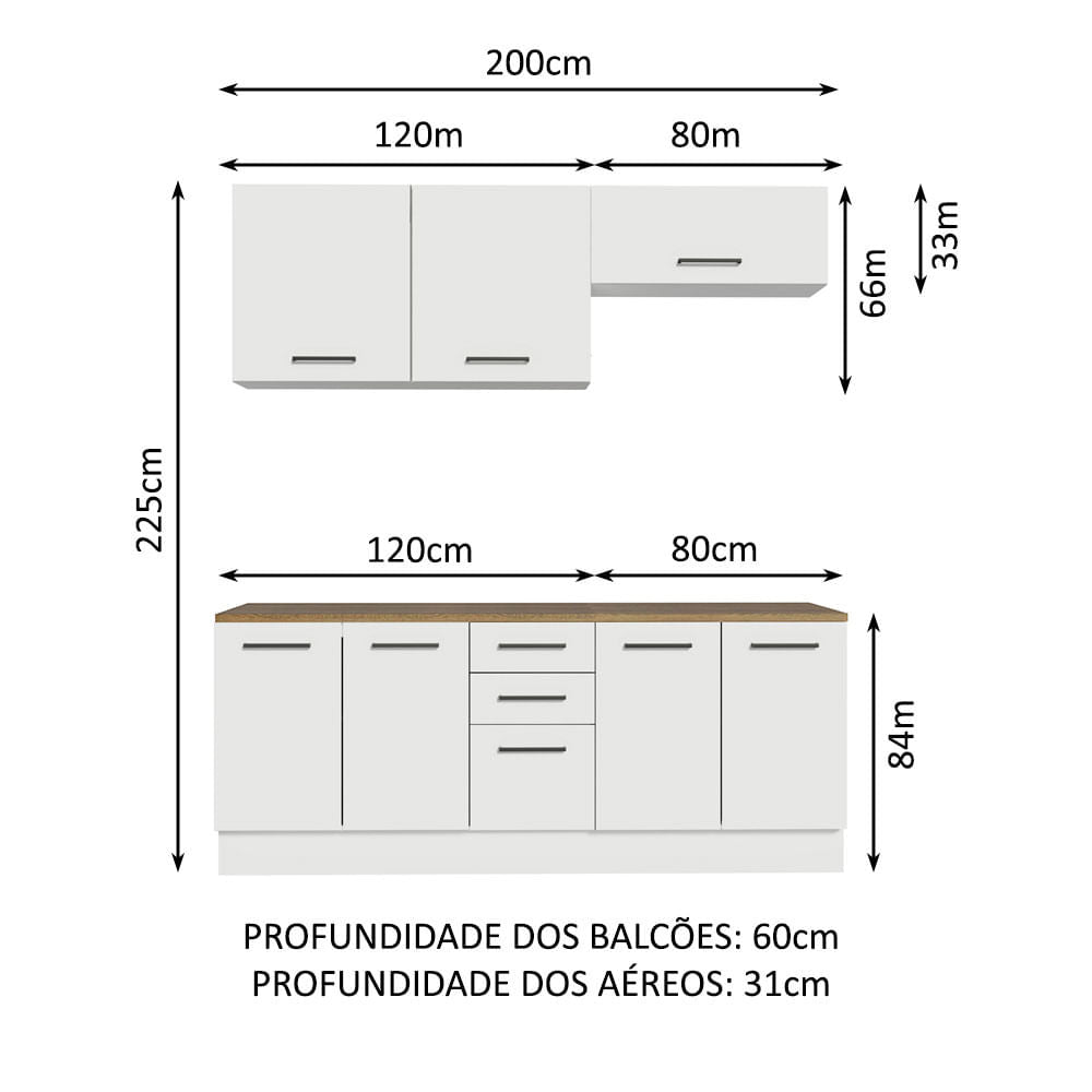 Kit com 2 Balcões e 2 Armários Aéreos Multiuso 200cm Branco/Rustic Agata Madesa