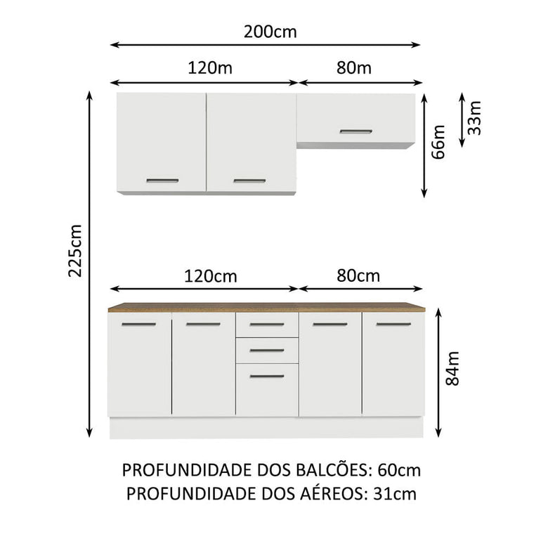 Kit com 2 Balcões e 2 Armários Aéreos Multiuso 200cm Branco/Rustic Agata Madesa
