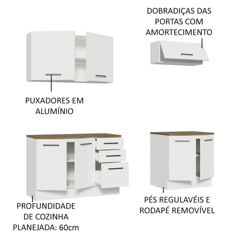 Kit com 2 Balcões e 2 Armários Aéreos Multiuso 200cm Branco/Rustic Agata Madesa