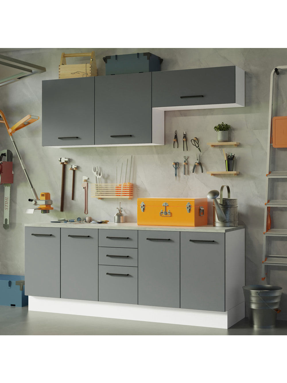 Kit com 2 Balcões e 2 Armários Aéreos Multiuso 200cm Branco/Cinza Agata Madesa - Branco/Cinza