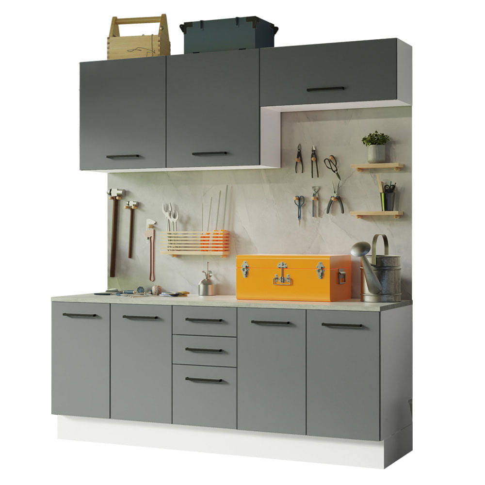 Kit com 2 Balcões e 2 Armários Aéreos Multiuso 200cm Branco/Cinza Agata Madesa - Branco/Cinza