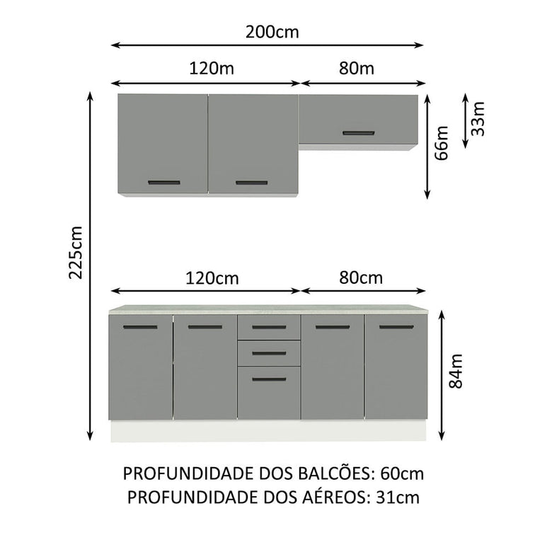 Kit com 2 Balcões e 2 Armários Aéreos Multiuso 200cm Branco/Cinza Agata Madesa