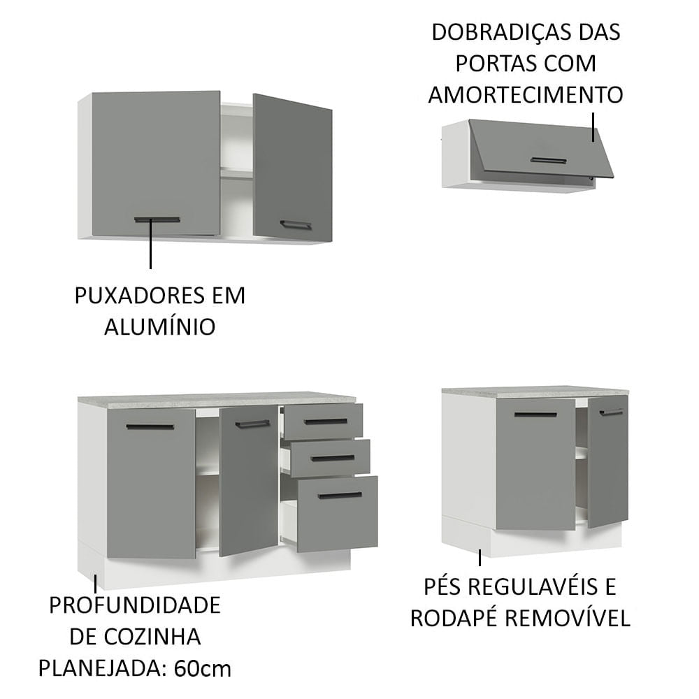 Kit com 2 Balcões e 2 Armários Aéreos Multiuso 200cm Branco/Cinza Agata Madesa