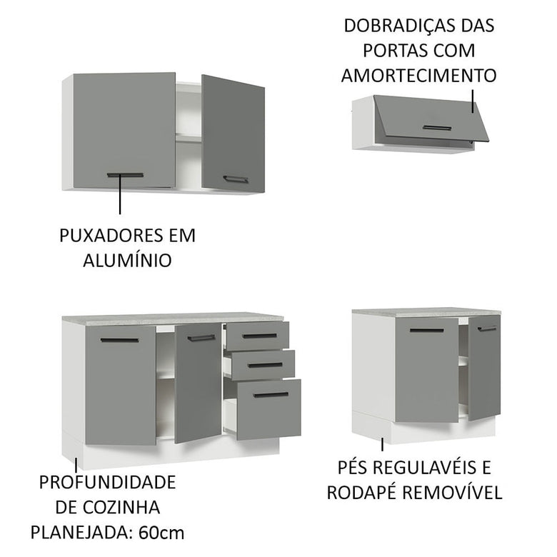 Kit com 2 Balcões e 2 Armários Aéreos Multiuso 200cm Branco/Cinza Agata Madesa