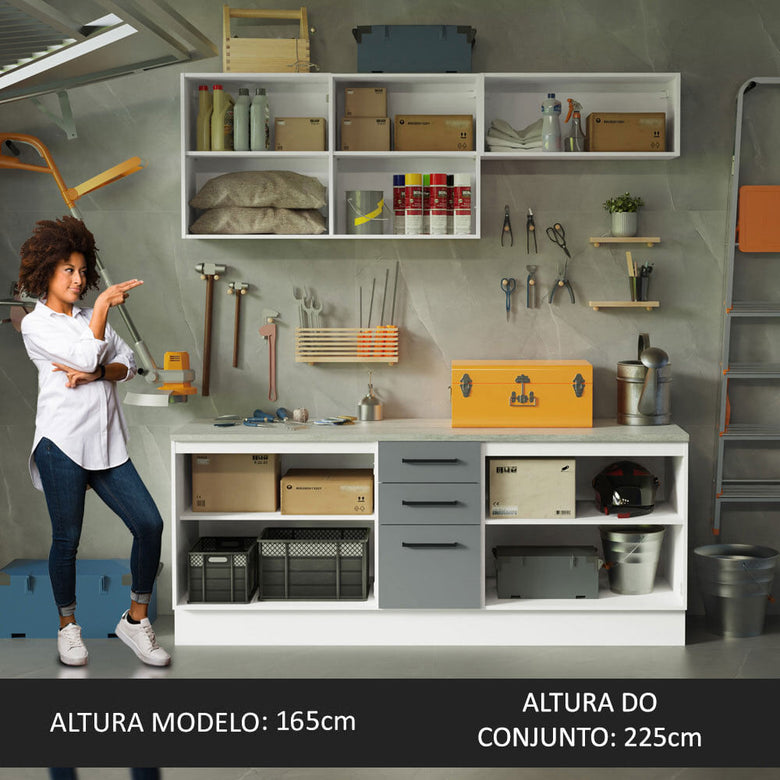 Kit com 2 Balcões e 2 Armários Aéreos Multiuso 200cm Branco/Cinza Agata Madesa