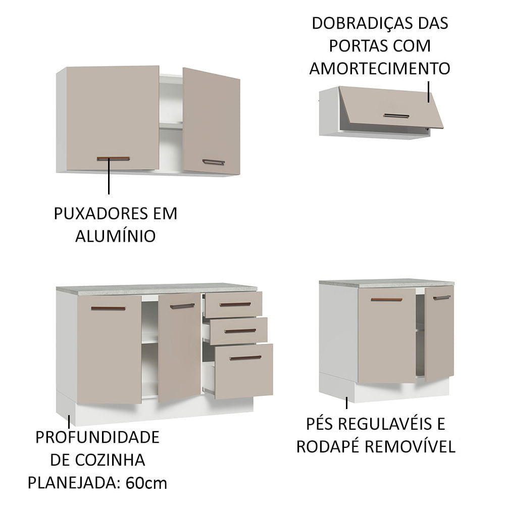 Kit com 2 Balcões e 2 Armários Aéreos Multiuso 200cm Branco/Crema Agata Madesa