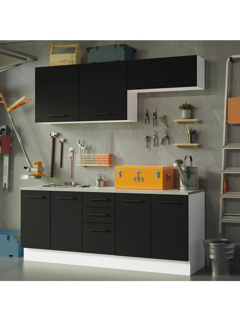 Kit com 2 Balcões e 2 Armários Aéreos Multiuso 200cm Branco/Preto Agata Madesa