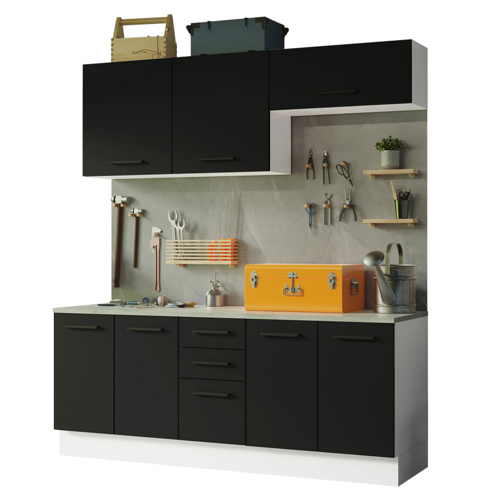 Kit com 2 Balcões e 2 Armários Aéreos Multiuso 200cm Branco/Preto Agata Madesa - Branco/Preto