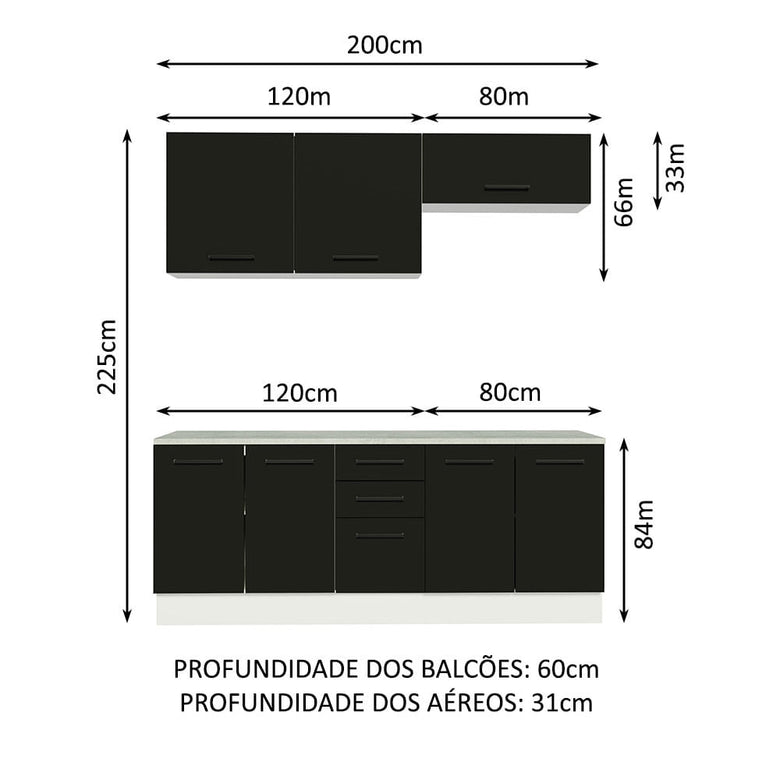 Kit com 2 Balcões e 2 Armários Aéreos Multiuso 200cm Branco/Preto Agata Madesa