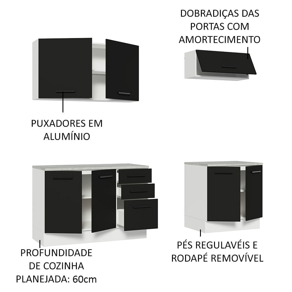 Kit com 2 Balcões e 2 Armários Aéreos Multiuso 200cm Branco/Preto Agata Madesa