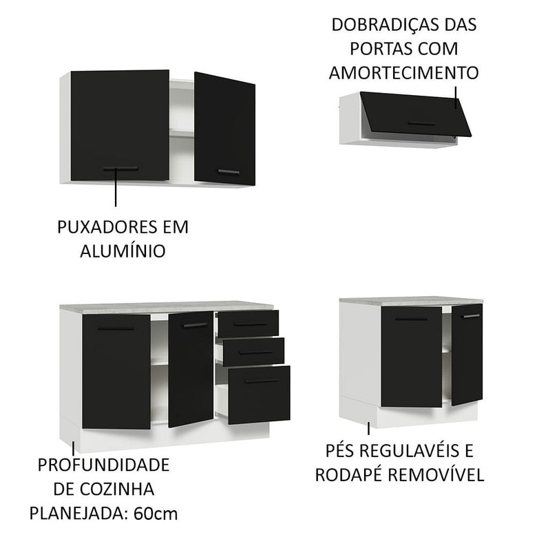 Kit com 2 Balcões e 2 Armários Aéreos Multiuso 200cm Branco/Preto Agata Madesa