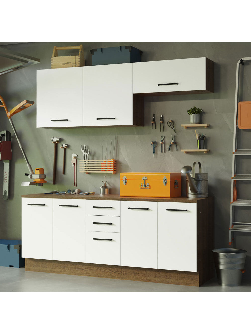 Kit com 2 Balcões e 2 Armários Aéreos Multiuso 200cm Rustic/Branco Agata Madesa - Rustic/Branco