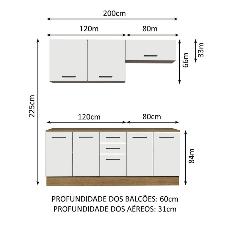 Kit com 2 Balcões e 2 Armários Aéreos Multiuso 200cm Rustic/Branco Agata Madesa
