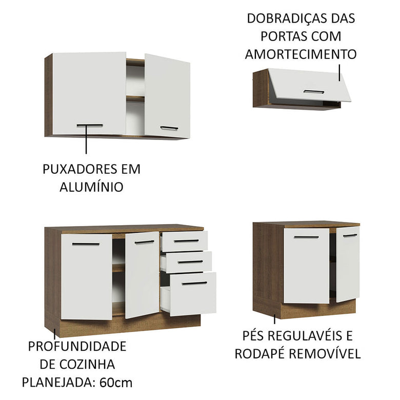 Kit com 2 Balcões e 2 Armários Aéreos Multiuso 200cm Rustic/Branco Agata Madesa
