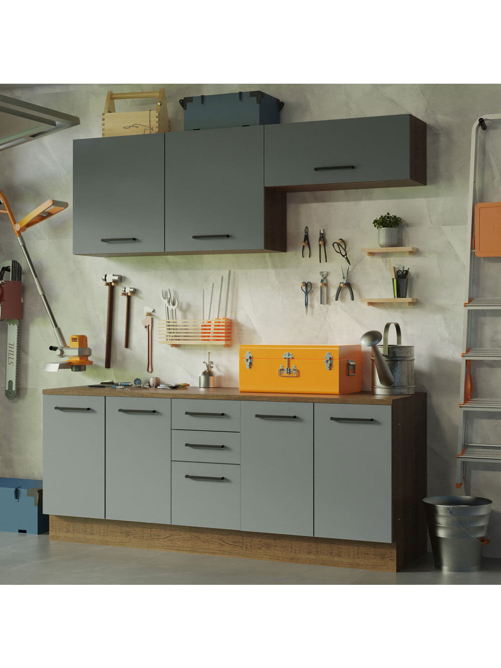 Kit com 2 Balcões e 2 Armários Aéreos Multiuso 200cm Rustic/Cinza Agata Madesa - Rustic/Cinza