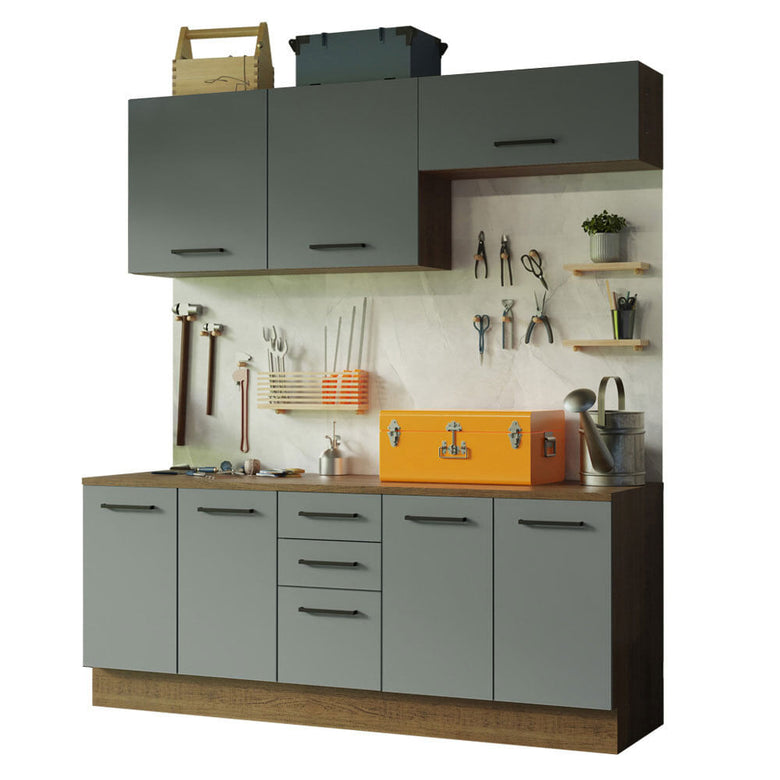 Kit com 2 Balcões e 2 Armários Aéreos Multiuso 200cm Rustic/Cinza Agata Madesa